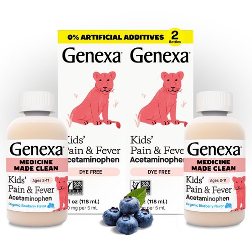 Genexa Children's Clean Acetaminophen | Pediatrician Preferred Ingredients | Pain & Fever Reducer for Kids | Dye Free, 0% Artificial Additives | Ages 2-11, Delicious Organic Blueberry Liquid, 4 fl oz