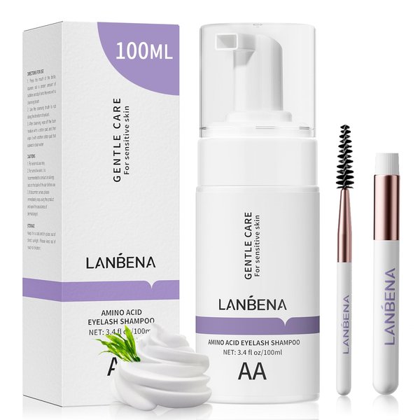 LANBENA 100ml Eyelash Extension Cleanser/Shampoo with AMINO ACID, Oil Free Foam Bath Lash Cleaning Kit with Brush,Home Salon Use