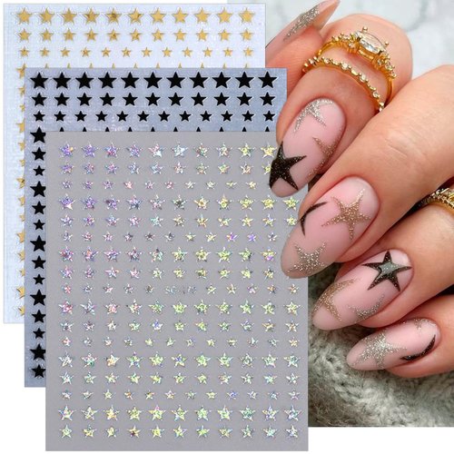 Star Nail Stickers 6Sheets Glitter Shiny Star Nail Art Supplies Black White Rose Gold Silver Nail Design Stickers Colorful Self-Adhesive Stars Nail Decals for Women Girl DIY French Manicure Decor Tips