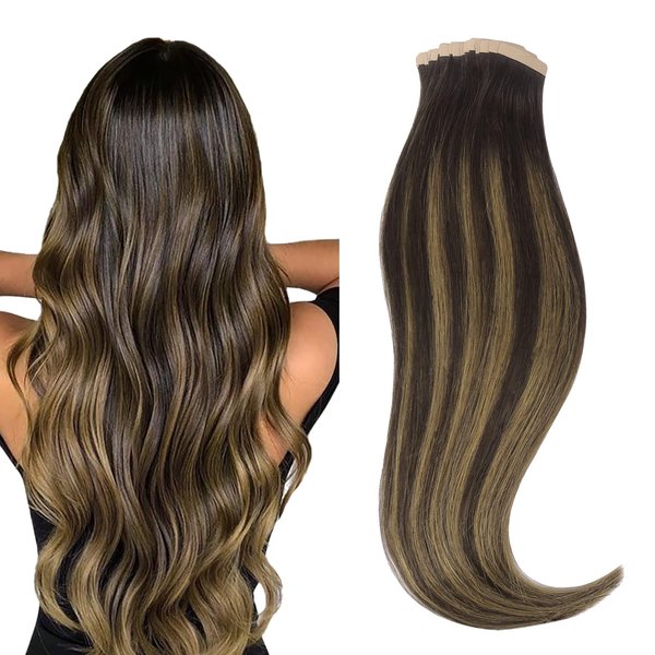 HOTBANANA Tape in Hair Extensions, 18 Inch Tape in Hair Extensions Human Hair 20pcs 50g Dark Brown Mixed Medium Brown Balayage Tape Hair Extensions Straight Remy Human Hair Tape in Extensions