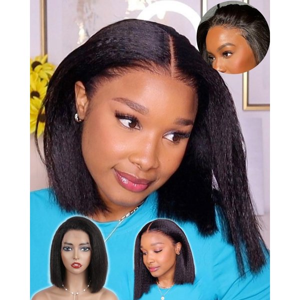 RHAH Glueless Italian Yaki Straight 13x4 HD Lace Front Wigs for Black Women 10 Inch Bob Wigs with Baby Hair Pre Plucked Bleached Knots 130% Density Brazilian Virgin Hair Free Parting