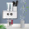 Toothbrush Holder Wall Mounted, WEKITY Multi-Functional Toothbrush and Toothpaste Dispenser for Bathroom, with 5 Toothbrush Slots, 2 Toothpaste Squeezers and 4 Cups(Grey)
