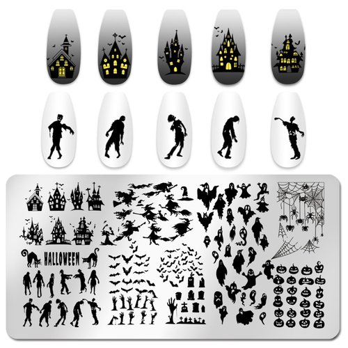 JERCLITY 6pcs Halloween Nail Stamping Plate Halloween Nail Stamping Plates for Nails Cobwebs Witch Ghost Skull Jack-o'-Lantern Haunted House Image Plates Nail Stamper Kit for Halloween Nail Art