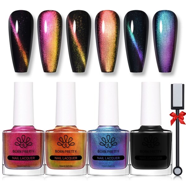 Born Pretty Cat Magnetic Nail Polish Set 3D Cat Chameleon Polish 3 Colors With Black Polish Magnet Stick 10ml 4 Bottles