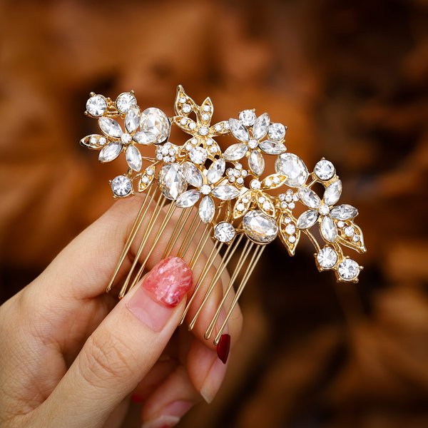 Foyte Crystal Bride Wedding Hair Comb Silver Flower Bridal Headpieces Leaf Hair Pieces Rhinestone Bridesmaid Side Combs Hair Accessories for Women and Girls (gold flower)