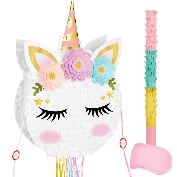 Foldable Unicorn Piñata - Unicorn Birthday Party Supplies Extendable Piñata with Blindfold Bat and Tassels Unicorn Birthday Party Decoration Games Folding Pink Unicorn Piñatas for Kids Classroom Game