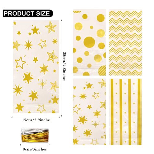 Obluchye Reusable Gold Plastic Rectangular Candy Bags With Twist Ties, 100PCS, 5.9 x 9.8 inches, Perfect For Holidays, Cooking, Snacks, Gifts