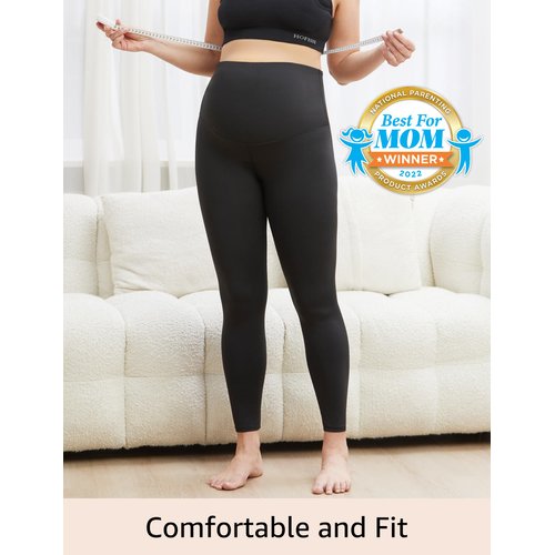 HOFISH Women's Maternity Leggings Over The Belly Pregnancy Soft Non-See-Through Yoga Pants Workout Leggings Black M