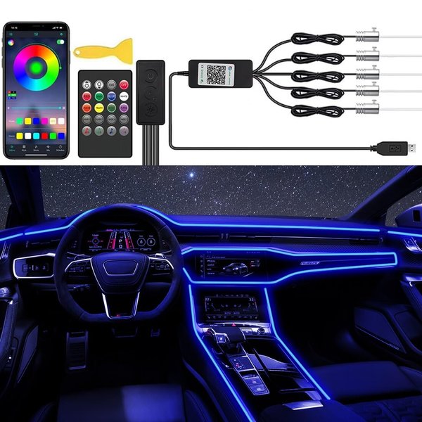 Car LED Lights,Interior Strip Lights with App Remote Button Control,USB RGB Inside Car Ambient Lighting Fiber Optics with Music Mode,DC 12V