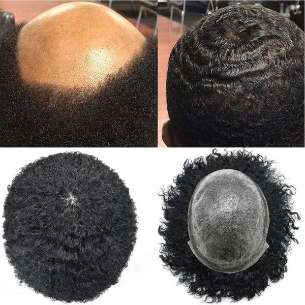 LYRICAL HAIR Afro Curly Mens Toupee 10X8 Full Poly African American Human Hair Systems All Injected PU Skin Hairpiece Replacement Kinky Curly Wigs for Black Men (Afro Wavy 8mm, 1# Jet Black)