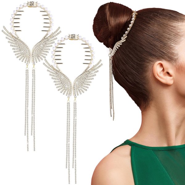 HINZIC 2Pcs Angel Wings Claw Clips Rhinestone Pearl Buckle Barrettes Sparkle Gold Hair Barrettes High Ponytail Pill Head Styling Accessories for Thick Long Hair Women Girls
