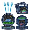 96 PCS Video Game Party Supplies Tableware Set Gaming Birthday Party Decorations Game On Party Plates Napkins Forks for Kids Adults Serves 24 Guests