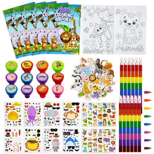 110Pcs Jungle Safari Party Favors, Zoo World Coloring Books Stacking Crayons Wild Animals Tattoo DIY Sticker Stampers Classroom Rewards Gift Prizes Goodie Bag Fillers Supplies (Jungle)