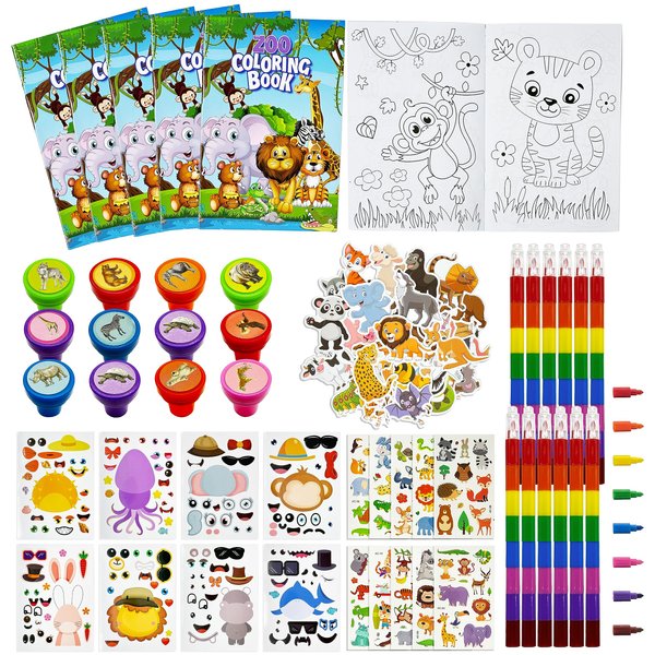 110Pcs Jungle Safari Party Favors, Zoo World Coloring Books Stacking Crayons Wild Animals Tattoo DIY Sticker Stampers Classroom Rewards Gift Prizes Goodie Bag Fillers Supplies (Jungle)