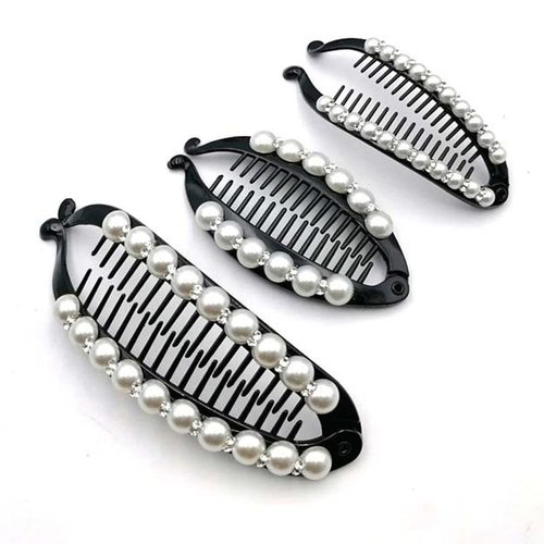 3Pcs Faux Pearl Rhinestone French Banana Clip Ponytail Vertical Clip Hair Clincher Hair Comb Fishtail Clip Grips Clamp Headwear Styling Hair Accessories for Women Teen Girls, Black