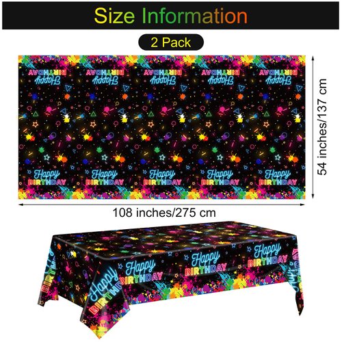 durony 2 Pack Glow in The Dark Birthday Party Tablecloth Neon Plastic Disposable Table Cover Paint Graffiti Happy Birthday Table Decorations for Let's Glow Birthday Party, 54 x 108 Inch