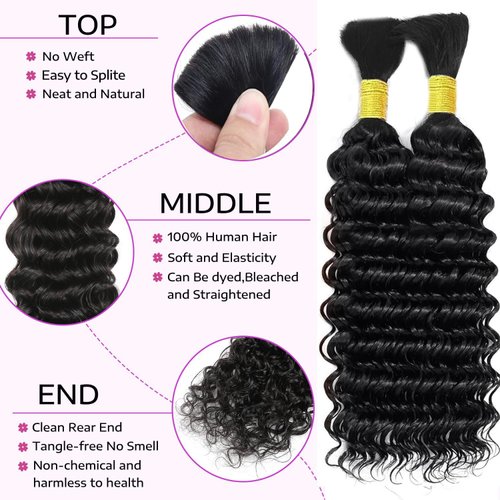 Human Braiding Hair 18 Inch 2 Bundles 100g Deep Wave Bulk Human Hair for Braiding No Weft 10A Brazilian Virgin Curly Human Hair Extensions for Boho Braids Wet and Wavy Human Hair for Micro braiding