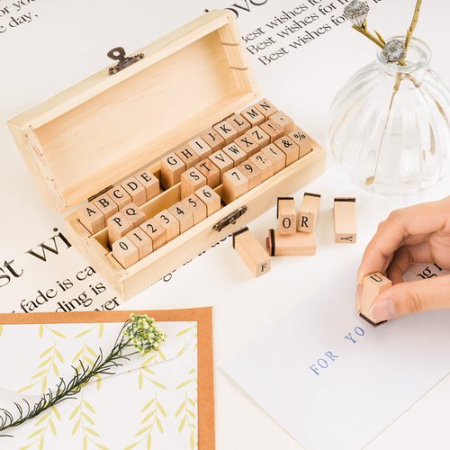 Toptime Letter Stamps, 42Pcs Rubber Alphabet Stamp Set DIY Wooden Stamps with Storage Case, Vintage Number Stamps Mini Symbol Stamps for Crafting, Journaling, Card Making, Scrapbooking, Kids Painting