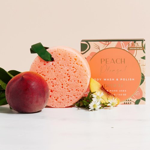 LWYA Peach Please Body Wash and Polish - Exfoliating Body Scrubber with Loofah Sponge - Shower Sponges for Women - Peach - 3 oz