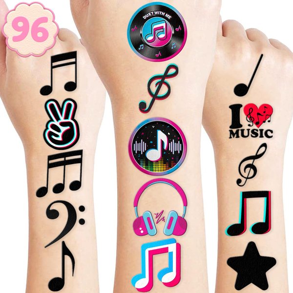 (96PCS) Music Note Notes Musical Motivational Temporary Tattoos Birthday Themed Party Supplies Decorations Favors Cute Instrument Stickers Tattoo Gifts for Kids Girls Boys Decor Class Reward Christmas