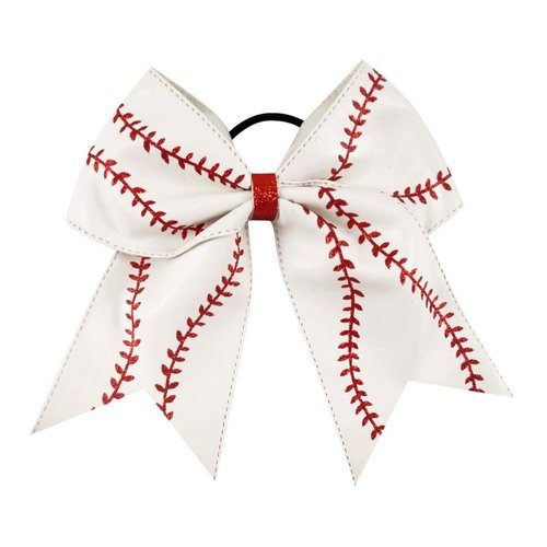 NEW "BASEBALL Glitter Leather" Cheer Bow Pony Tail 7 Inch Girls Hair Cheerleading White Softball Game Team Sports Grosgrain Ribbon
