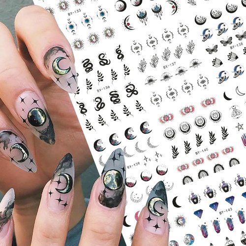 12 Sheets Moon Stars Nail Art Stickers Water Transfer Slider Nail Decals Sun Eyes Snakes Black Art Design Sticker Nail Art Decorations Supplies Acrylic Nail Stickers for Women Girls Nail Art DIY