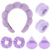 Araluky 7Pc Puffy Spa Headband and Wristband Set Skincare Headband for Washing Face Scrunchies Powder Puff Sponge Spa Makeup Headband Puffy Headband Terry Cloth Headband for Mask Makeup Removal-Purple