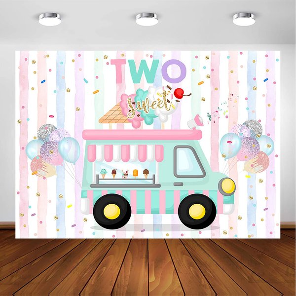Avezano Ice Cream Birthday Backdrop for Two Sweet Birthday Party Decorations Two Sweet Ice Cream Truck 2nd Birthday Party Banner Cake Table Supplies Photography Background (7x5ft)