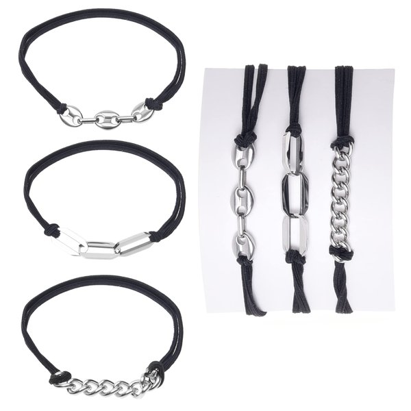 Eco-Fused 3x Bracelet Hair Ties - Elastic Decorative Jewelry Ponytails - Fashionable Wear on Wrist Ties - For Men, Women, Girls, Teens (Black with Silver Metal Chain)
