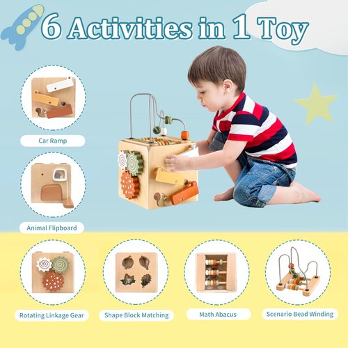Smartwo Wooden Activity Busy Cube Montessori Toys for 1 Year Old, 6-in-1 Activity Center Baby Bead Maze Toys, Sensory Shape Sorter Blocks, Toddler Boys Girls First Birthday Gift