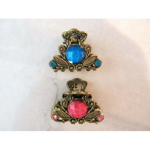 Generic small mini metal jeweled antique bronze hair claw clip Set D (Primary color: Pink), 1 Count (Pack of 1)