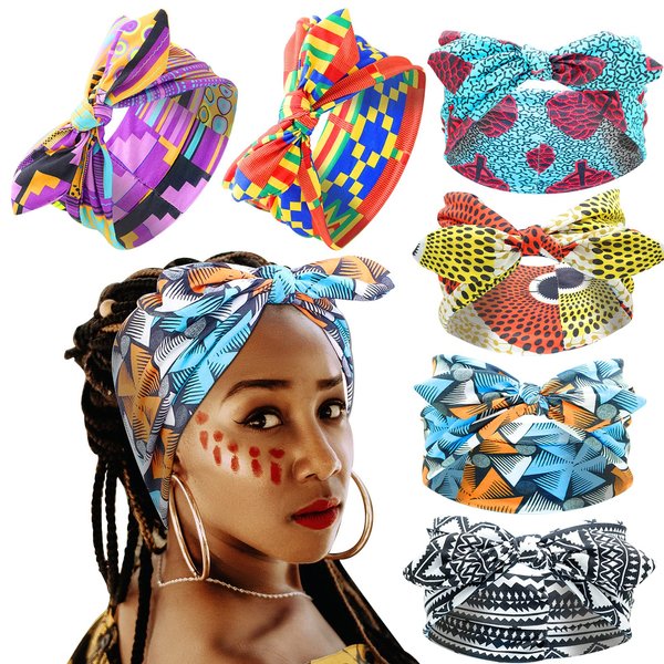 RechicGu 6 Pieces African Turban Headband For Women Girls Ankara Print Bonnet Beanie Cap Pre-Tied Bow Bowknot Headwrap Stretchy Dreadlocks Locs India Yoga Workout Hair Bandana