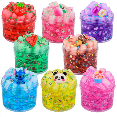 8 Pack Jelly Cube Crunchy Slime Kit, with Soft Stretchy Non-Sticky Clear Crunchy Slime Toy, Stress Relief Toy for Girls and Boys, Best Birthday Gift, Kids Party Favors and School Education