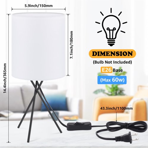 FOLKSMATE Bedside Table Lamp with Black Metal Base, Modern Small Desk Lamp, Nightstand Lamp with White Lampshade, Home Living Room, Bulb Not Included