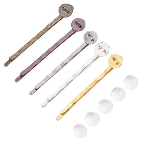 PH PandaHall 50 Sets 5 Colors Hair Bobby Pins, 50pcs Hair Clips Tray Hair Pins Setting Blank Bobby Hair Pins Base and 50pcs Glass Cabochons for Cameo DIY Barrettes Hairpins Findings
