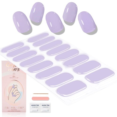 WOKOTO Semi Cured Gel Nail Strips (Lavender)-16 Pcs Gel Nail Stickers | Gel Nail Wraps | UV Light Required, Salon Quality & Easy To Use, Real Nail Polish Strips Stick On Nails Kit With Nail File