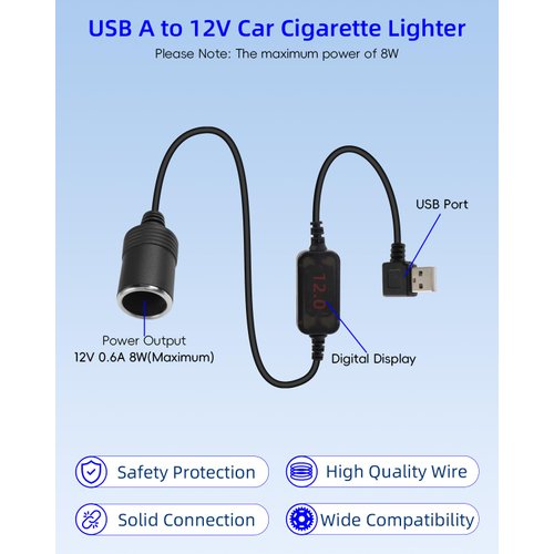 YANBORONSN USB A Male to Cigarette Lighter Female with Digital Display, 90 Degree USB A 5V to 12V Cigarette Lighter Socket Adapter Compatible with Dashboard,Radar (3.9FT)