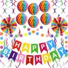 PatiCool Happy Birthday Party Decorations Pack with Rainbow Happy Birthday Banner, Honeycomb Balls, Circle Dot Garland, Paper Fans and Hanging Swirls Streamers