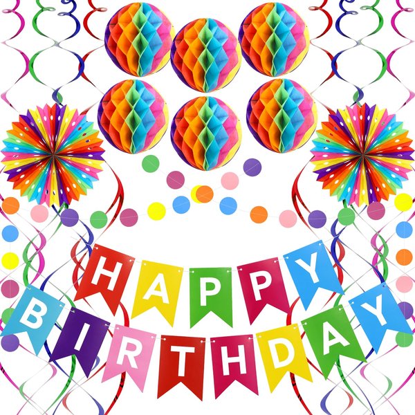PatiCool Happy Birthday Party Decorations Pack with Rainbow Happy Birthday Banner, Honeycomb Balls, Circle Dot Garland, Paper Fans and Hanging Swirls Streamers