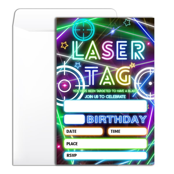 Wybgno Laser Tag Birthday Party Invitation 20 Glow Laser Tag Theme Party Neon Party Birthday Invitation With Envelopes for Boys Girls Party Invite Cards -4×6 inch-B013