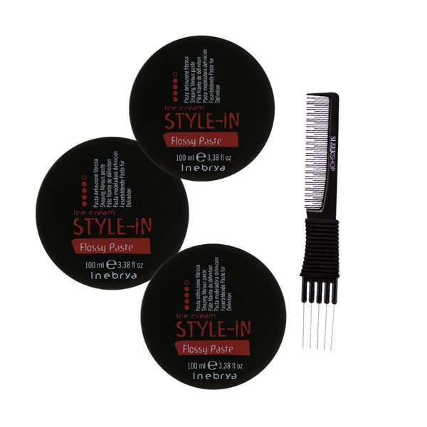 kuss Inebrya Ice Cream Style-In Flossy Paste (3.38 oz) with Teasing Comb Pack of 3, Black