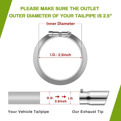 AUTOSAVER88 2.5 Inch Inlet Exhaust Tip, 2.5" Inlet 3" Outlet 6" Overall Length Chrome Polished Stainless Exhaust Pipe Tip for 2.5" Outer Diameter Tailpipe, Rolled Angle Cut, Bolt/Clamp-On, Universal