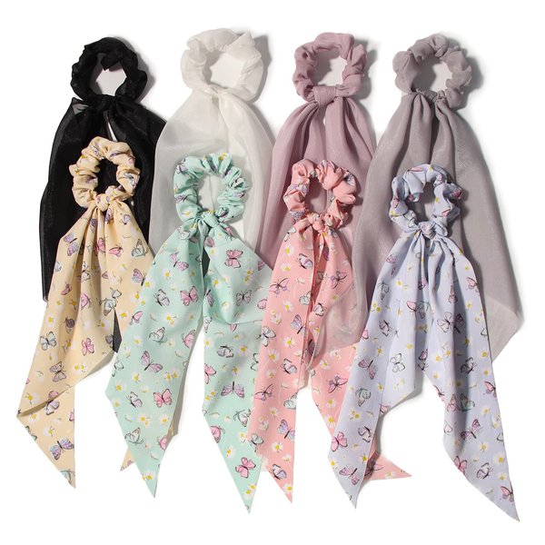 Furling Pompoms 8pcs Hair Scarf Scrunchies Hair Ties Chiffon Butterfly Scrunchies with Bows for Girls Long Tail Elastic Bands Ponytail Holders Hair Accessories for Women