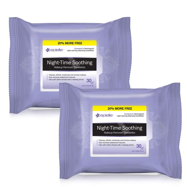 Epielle Night Time Makeup Remover Cleansing Wipes Towelettes for Face, All-in-One Cleansing Wipes for Waterproof Makeup, Thanksgiving Gift Stocking Stuffer (Pack of 2)