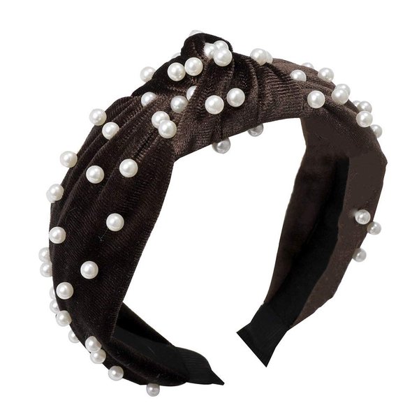 YuanHolumid Black Vintage Twisted Faux Pearl Beading Women Hair Hoop Wide Velvet Headband Headwear Nail Pearl Velvet Knotted Headband Hair Accessories
