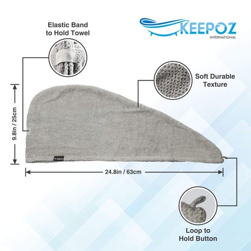 KEEPOZ Hair Towel Wrap Quick Dry 100% Cotton Super Absorbent Turban Head Wrap for Women with Button, Non Microfiber Anti Frizz Hair Products, Hair Cap for Curly, Long & Thick Hair (Grey Check, 2 Pcs)