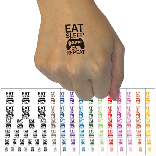 Eat Sleep Game Repeat Console Controller Temporary Tattoo Water Resistant Fake Body Art Set Collection - White (One Sheet)