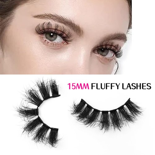 Mink Fluffy Lashes Pack, Dramatic 3D Thick Full Volume False Eyelashes, 7 Pairs 15mm Long Reusable Curly Light Weight Self Adhensive Fake Lash Extensions By ZUKIMM | 003