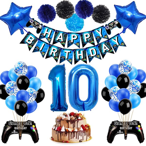 53 PCS 10th Birthday Decorations for Boys, Blue Video Game Party Supplies, Include Video Game Happy Birthday Banner,Number 10 Balloon,Pompoms Flowers for Kids Gamer Birthday Decor