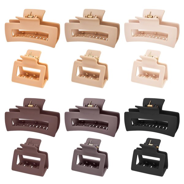Mia Klein Hair Claw Clips Pack 12Pcs-Hair Clips for Women and Girls, Nonslip Matte Rectangle Strong Hold Jaw Clips, 6Pcs 3.5" Clips For Thick Hair And 6Pcs 2" Clips For Thin Hair (Neutral)